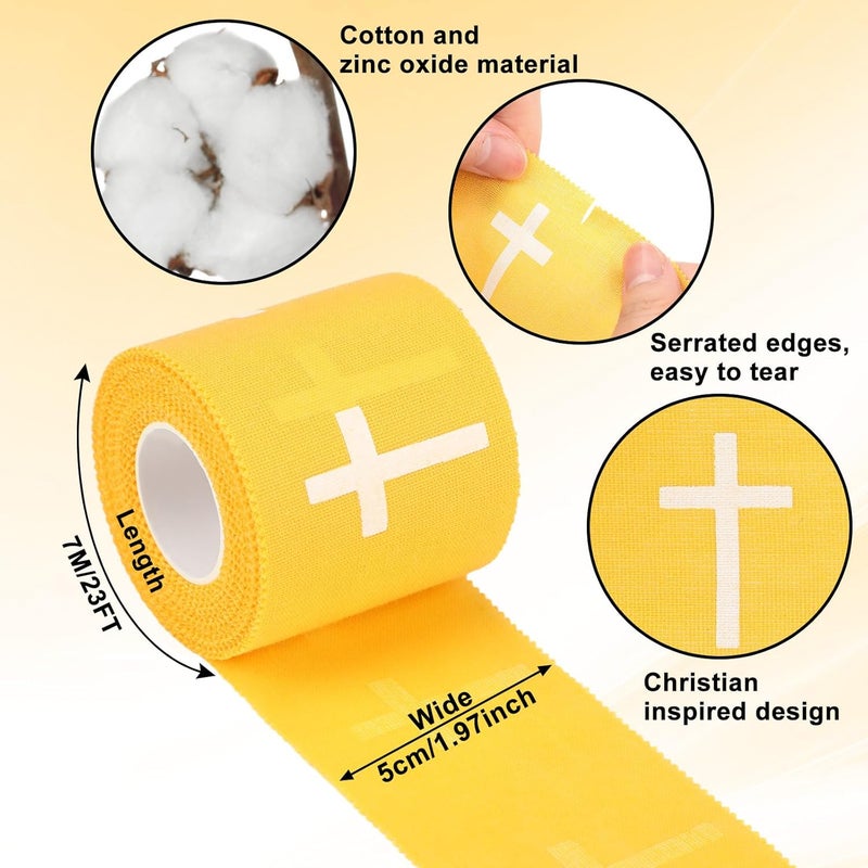 MiniInflat 2 Pcs Christian Cross Athletic Tape Sports Tape 2in x 23ft Religion Jesus Wrist Wrap for Soccer Football Baseball Gymnastics Christian Gift for Good Friday Easter(Yellow,Cross) - Image 2